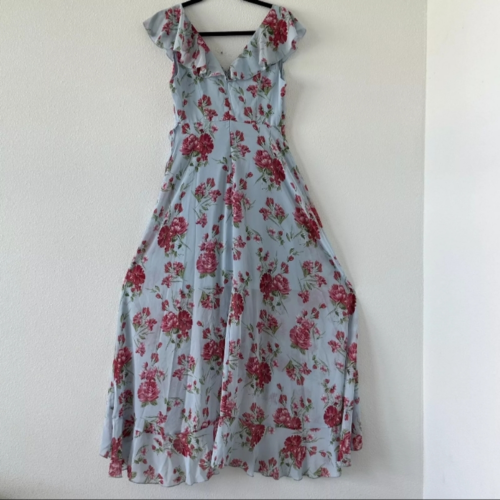 JJ's House Blue Floral Print V-Neck A-line Chiffon Asymmetrical Dress - Picture 2 of 4